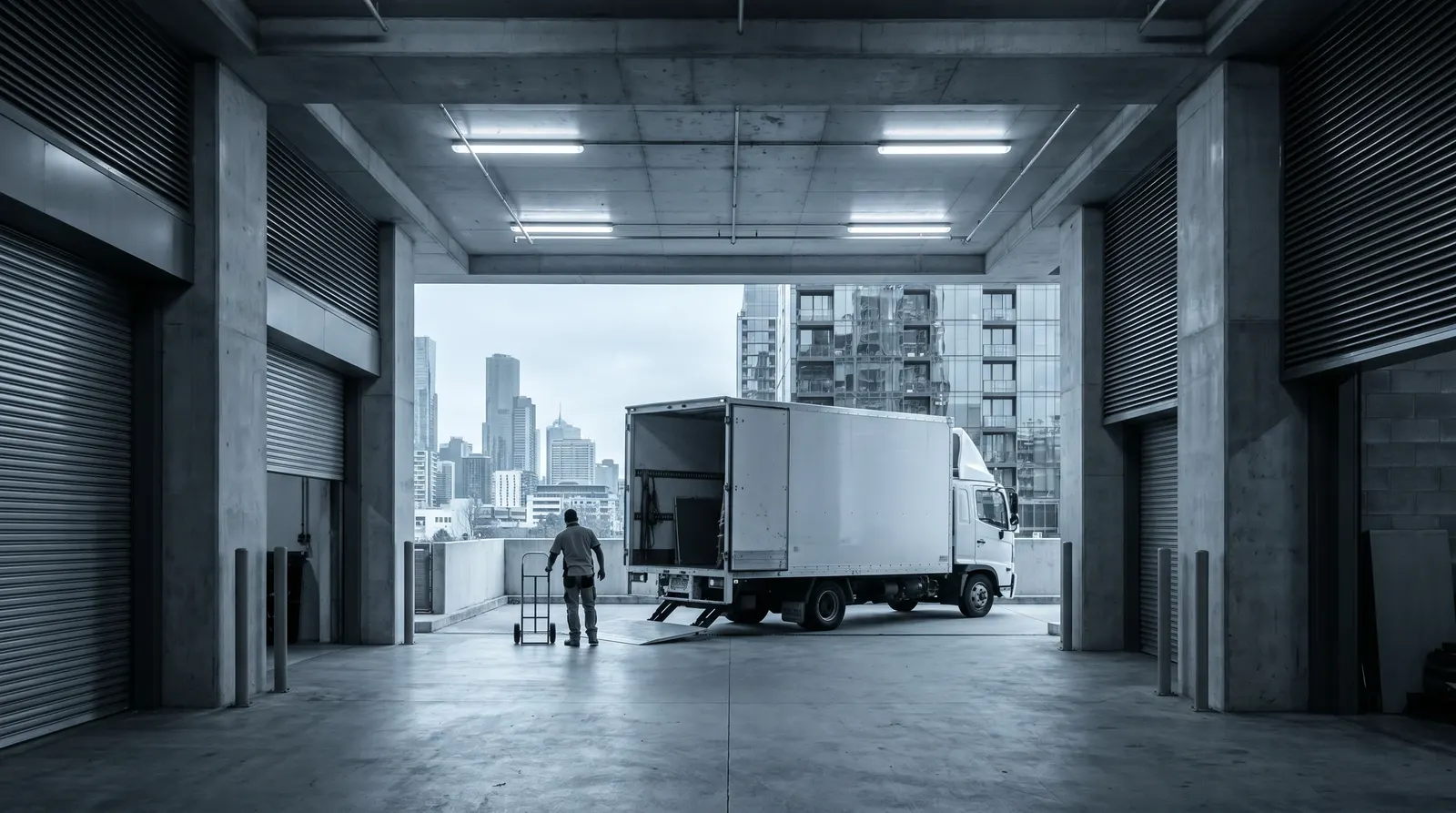 A removal truck reversed into an inner-Melbourne tower loading bay, crew moving wrapped furniture toward the goods lift